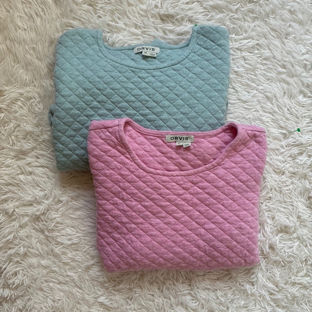 Bundle of 2 Orvis Quilted 100% Cotton Crewneck Pullover Sweatshirt Pink Teal M